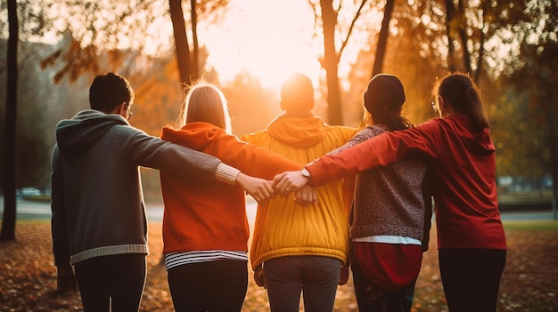 Gruppo di persone che si tengono per mano felicemente generativo ai