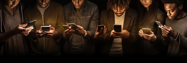 gruppo di persone che tengono insieme gli smartphone allo stesso tempo nello stile dell'oro scuro