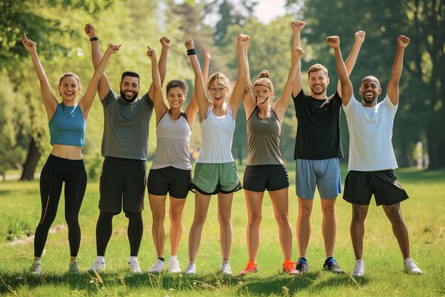 Gruppo di persone felici, allegre, gioiose, energetiche, sportive, diverse, in piedi sull'erba verde in un parco soleggiato e che ti motivano a iniziare la giornata con un allenamento di fitness all'aperto