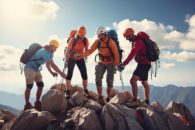 Gruppo di persone in arrampicata sulla vetta che aiutano il lavoro di squadra