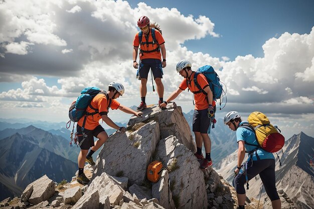 Gruppo di persone in arrampicata sulla vetta che aiutano il lavoro di squadra