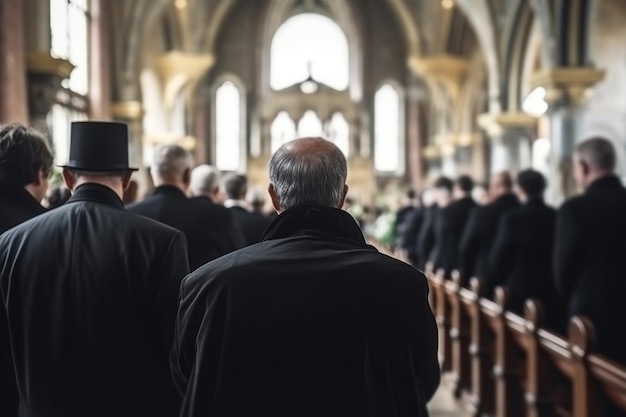 Gruppo di persone in lutto e lutto alla chiesa funeraria IA generativa