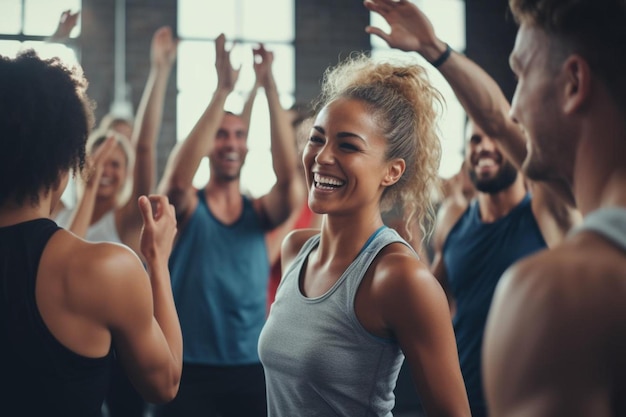 gruppo di persone in palestra con le parole felici e sorridenti