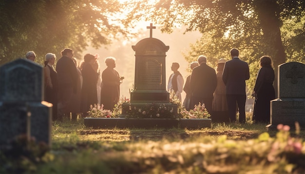 Gruppo di persone in piedi davanti a una bara decorata con fiori per il funerale Oustide su