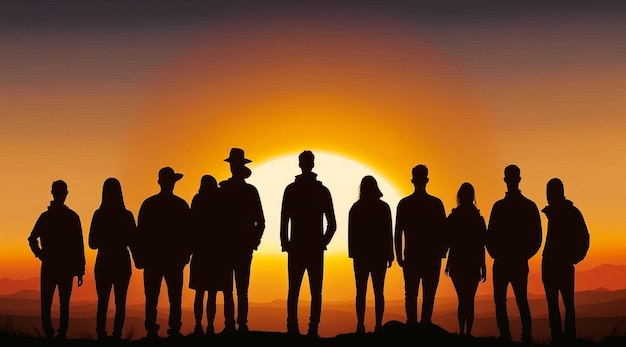 Gruppo di persone in piedi davanti al tramonto IA generativa