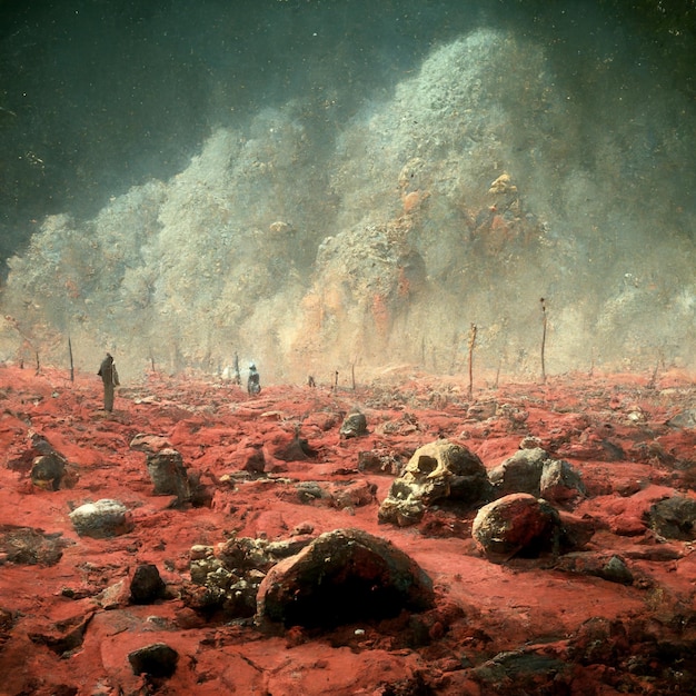 Gruppo di persone in piedi in cima a un campo rosso ai generativo