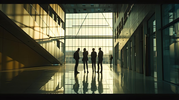 Gruppo di persone in silhouette in un edificio moderno al tramonto che evocano un senso di lavoro di squadra e professionalità