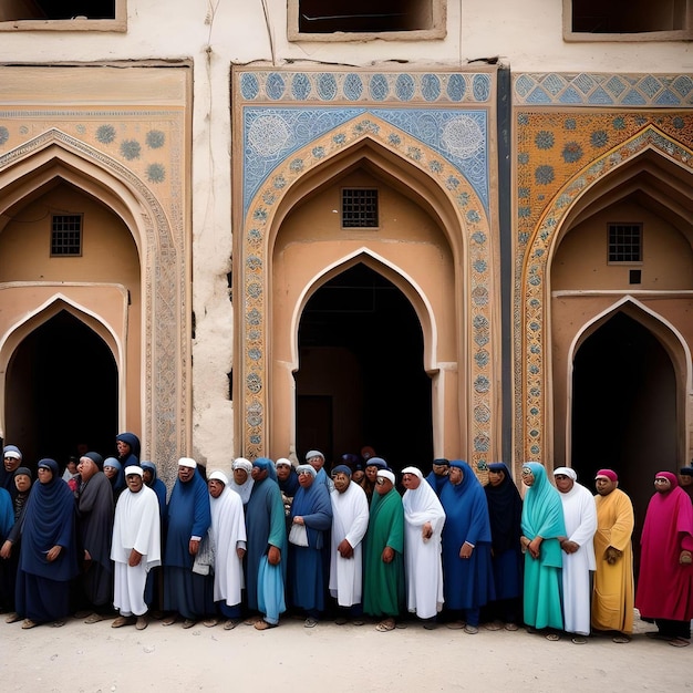 Gruppo di persone in stile islamico in posa di fronte a un edificio in stile arabo Illustrazione fotorealistica