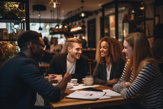 Gruppo di persone in un caffè, uno dei quali ha un nome sopra.