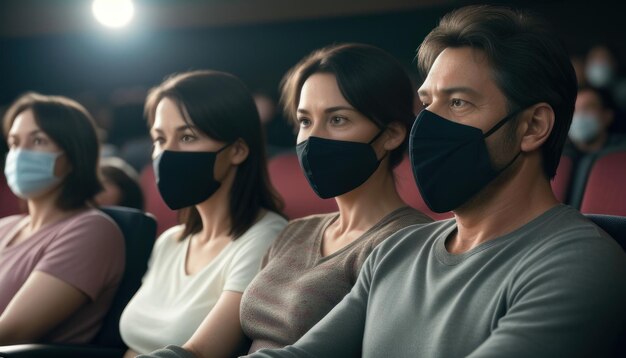 gruppo di persone in un club o in un cinema con la maschera