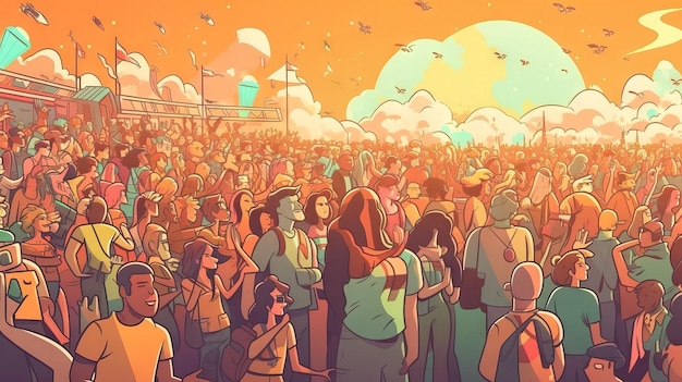 Gruppo di persone in una folla di festival durante un concerto di una festa estiva Illustrazione colorata estate