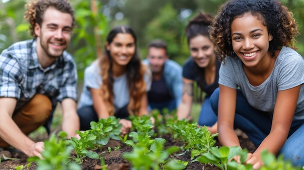 Gruppo di persone inginocchiate in giardino