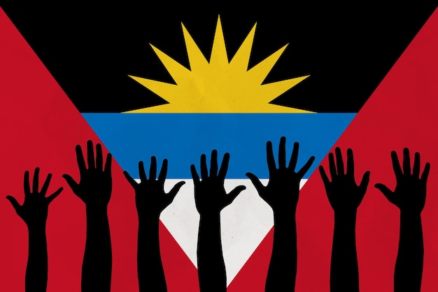 Gruppo di persone mani con Antigua e Barbuda sfondo bandiera notizie politiche banner