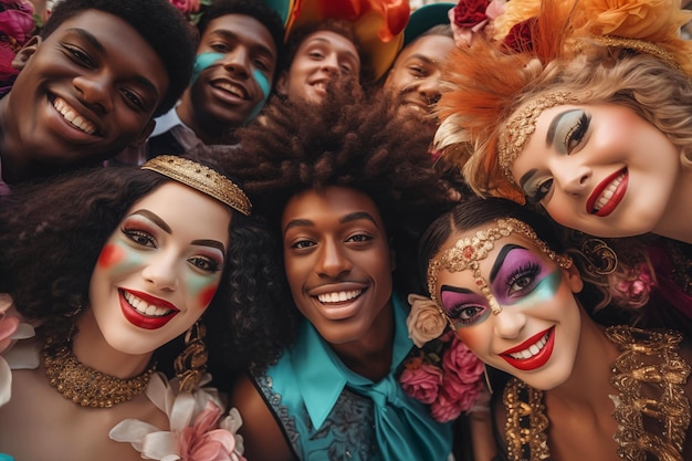 Gruppo di persone multietniche al carnevale di Venezia che sorridono alla telecamera