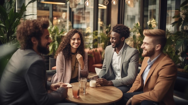 gruppo di persone sedute a un tavolo con una tazza di caffè e una tazzina di caffè.