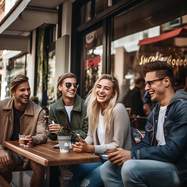 Gruppo di persone sedute fuori da una caffetteria