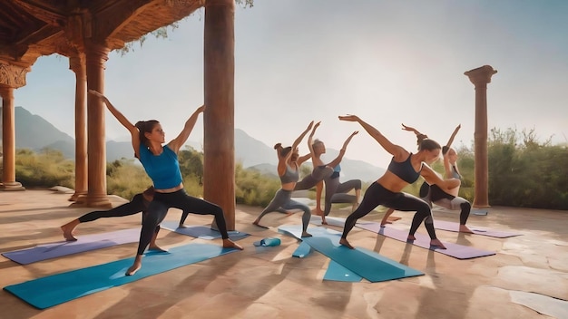 Gruppo di persone sportive e insegnante di yoga che fanno yoga all'aperto