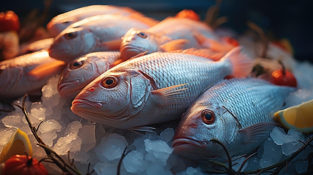 Gruppo di pesce servito su ghiaccio IA generativa