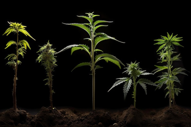 Gruppo di piante di cannabis in vari stadi di crescita dalle piantine alle piante mature