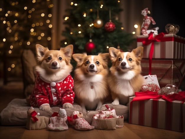 Gruppo di piccoli cani carini con tema natalizio seduti sotto l'albero di Natale naturale