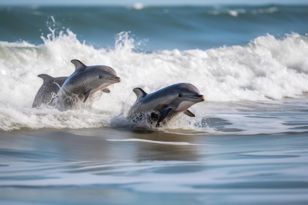 Gruppo di piccoli delfini che giocano e saltano tra le onde creati con l'IA generativa