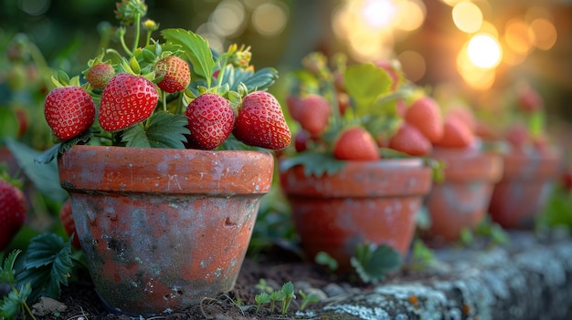 Gruppo di piccoli vasi pieni di fragole mature