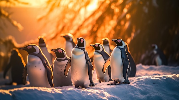 Gruppo di pinguini sulla neve bellissimo pinguino