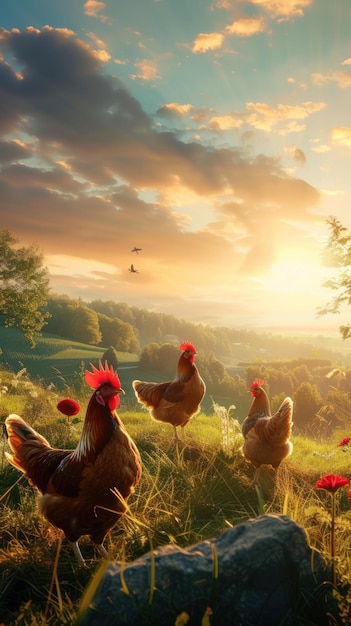 Gruppo di polli su un campo verde e lussureggiante
