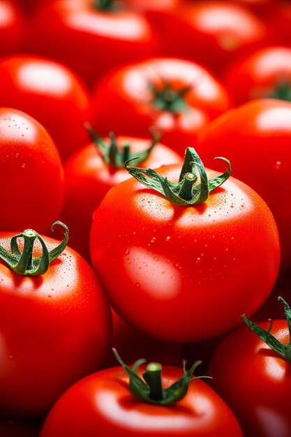 Gruppo di pomodori con gocce d'acqua su di loro tutti in fila AI generativa