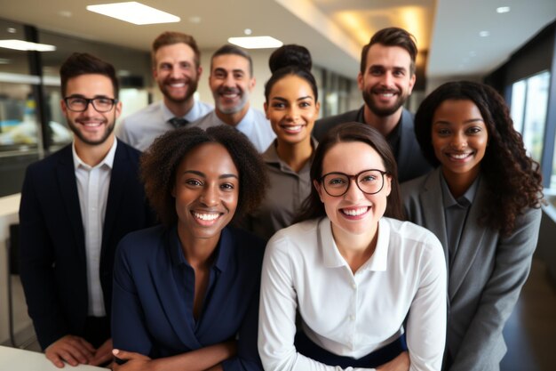 Gruppo di professionisti imprenditoriali sorridenti che posano insieme in un ufficio