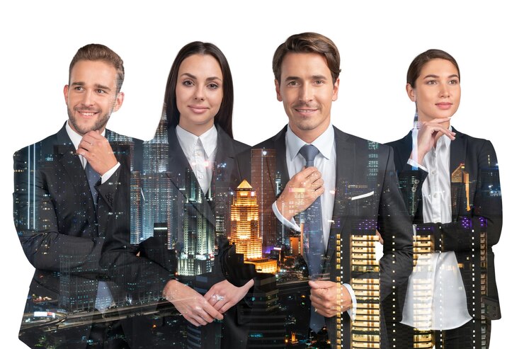 Gruppo di quattro consulenti di uomini d'affari sognanti positivi in abiti Asia stile di vita aziendale multinazionale diversi giovani professionisti Notte Kuala Lumpur vista sulla città Doppia esposizione