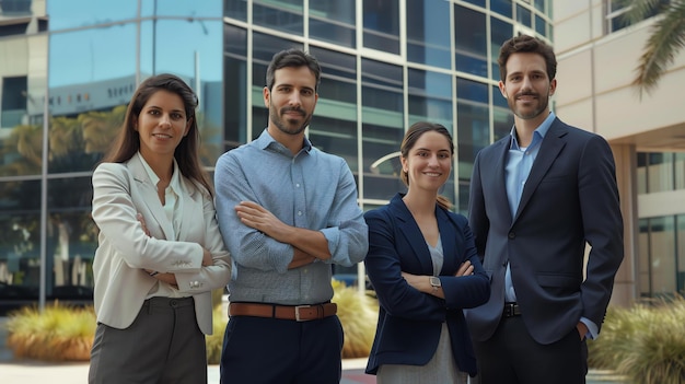 Gruppo di quattro professionisti d'affari in piedi insieme e sorridendo alla telecamera Tutti indossano abiti d'affare formali