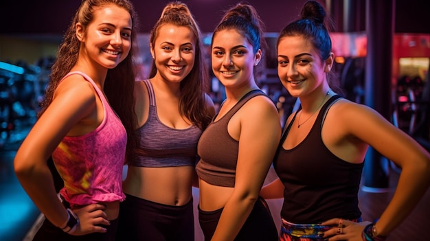 Gruppo di ragazza fitness felice 20 anni durante una lezione di fitness di gruppo in palestra con intelligenza artificiale generativa