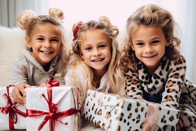gruppo di ragazzini che tengono i regali di Natale sorridendo felice alla telecamera
