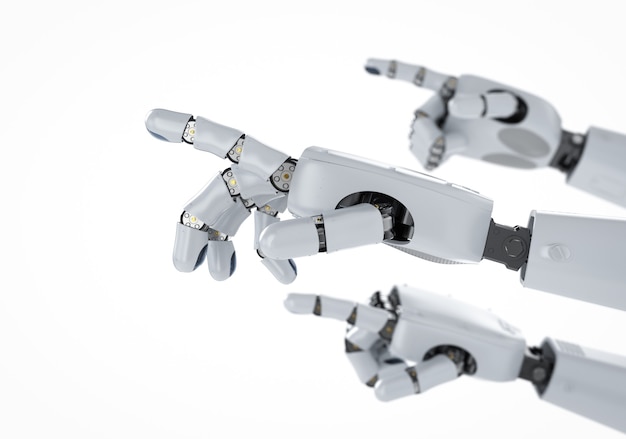 Gruppo di rendering 3D della mano robotica o del punto del dito della mano cyborg isolato su bianco