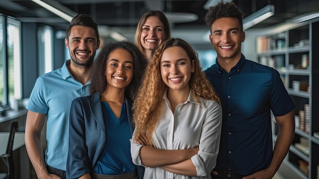 Gruppo di ritratti di colleghi multirazziali felici che stanno insieme in un ufficio moderno Concetto di lavoro di squadra Ai generativo