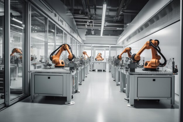 Gruppo di robot che lavorano insieme in una fabbrica IA generativa