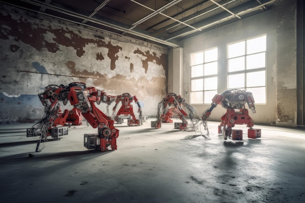 Gruppo di robot che lavorano insieme per costruire un nuovo grattacielo IA generativa