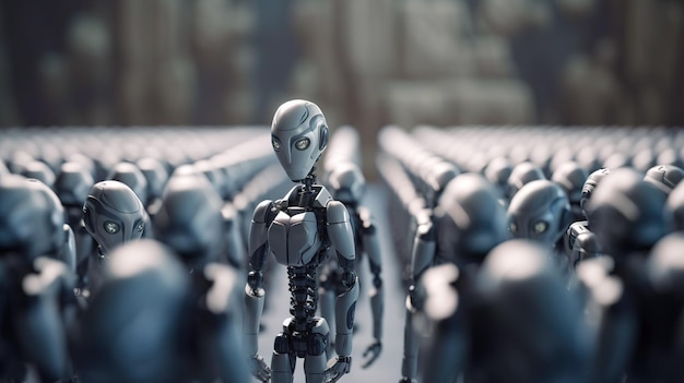 Gruppo di robot di intelligenza artificiale gruppo di cyborg in fabbrica