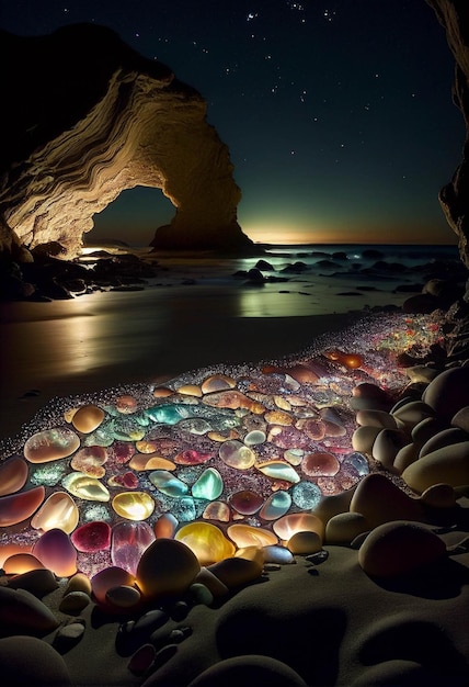 Gruppo di rocce che si siedono in cima ad un'ai generativa della spiaggia sabbiosa