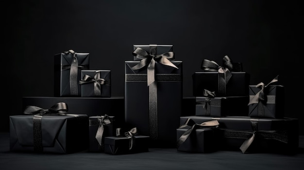 Gruppo di scatole regalo nere su sfondo nero Creato con tecnologia AI generativa