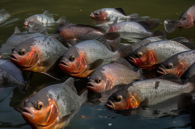 gruppo di scuole di pesci piranha tropicali predatori Fauna esotica d'acqua dolce dell'Amazzonia generata dall'AI