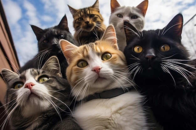 Gruppo di selfie generativi di gatti divertenti