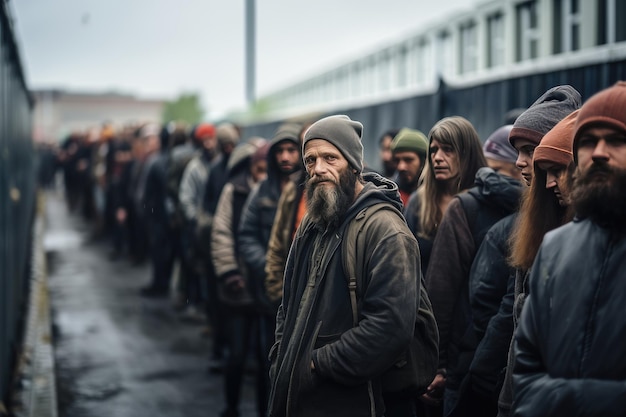 Gruppo di senzatetto in fila per mangiare Concetto di esclusione sociale