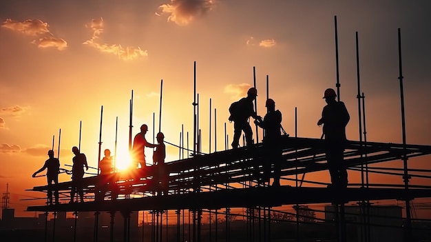 gruppo di silhouette di operai e ingegneri civili in uniforme di sicurezza installare acciaio rinforzato