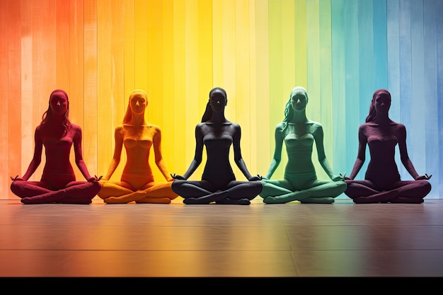 Gruppo di silhouette femminili colorate in postura di yoga su uno sfondo colorato Silhouette arcobaleno di ragazze di yoga felici Collage d'arte contemporanea di una giovane ragazza che medita Generato da AI