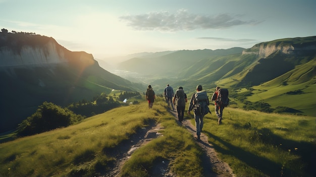 Gruppo di sportivi che fanno un'escursione in montagna al tramonto