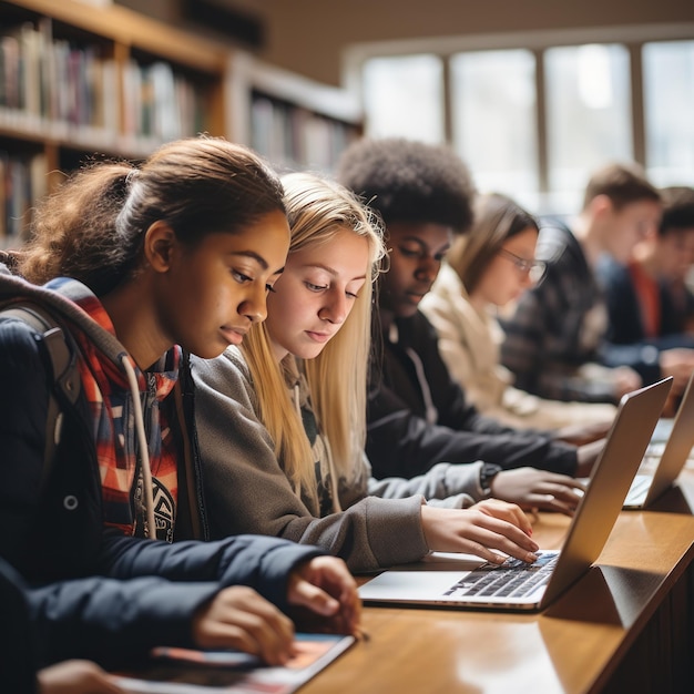 Gruppo di studenti che usano i portatili in biblioteca