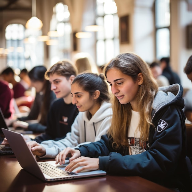 Gruppo di studenti che usano i portatili in biblioteca