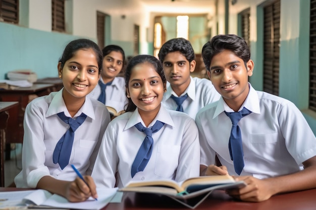 Gruppo di studenti della scuola indiana seduti in classe